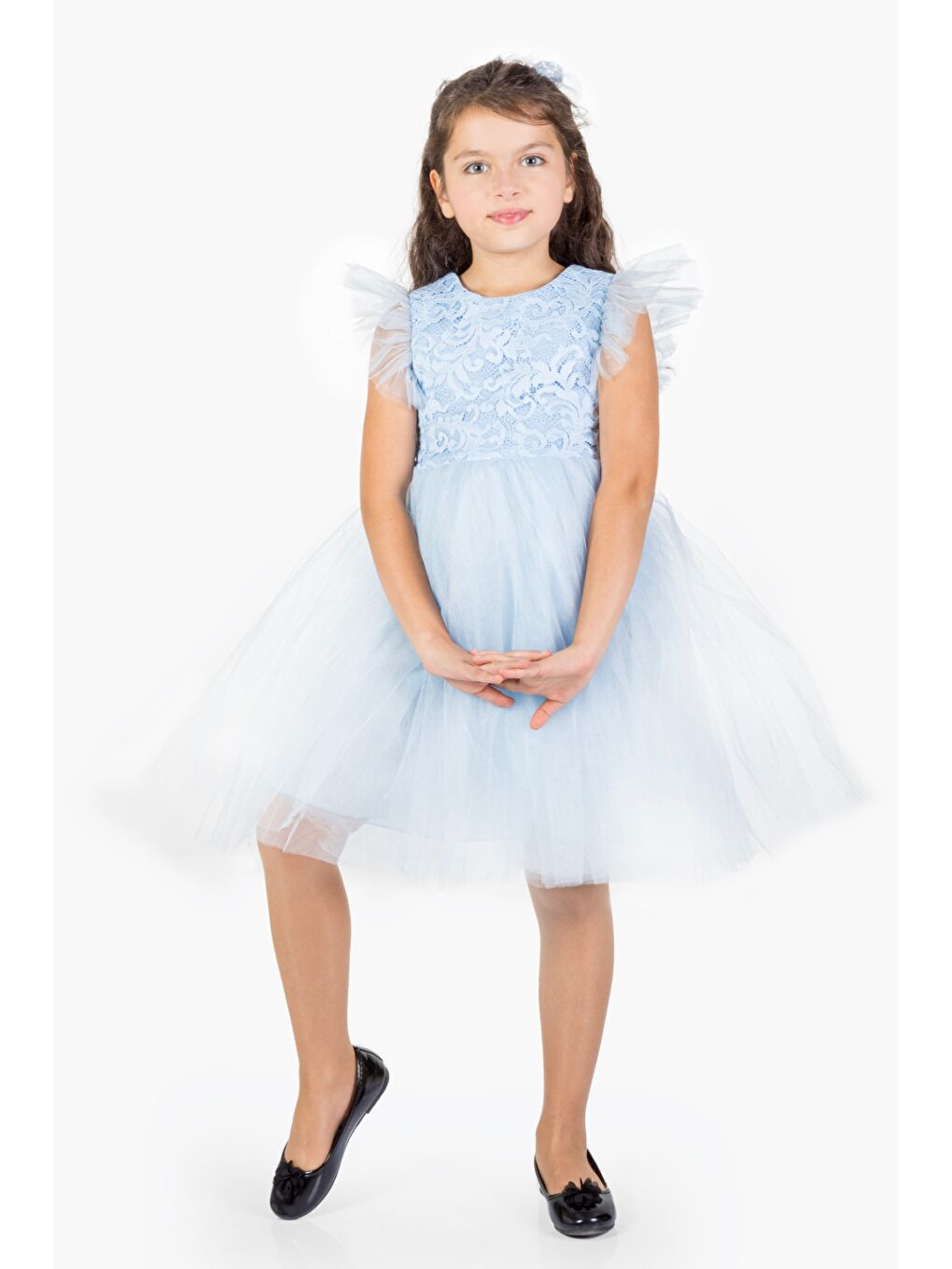 Mavi Roza Dantel Tütü Kız Çocuk Abiye Elbise MNK0546