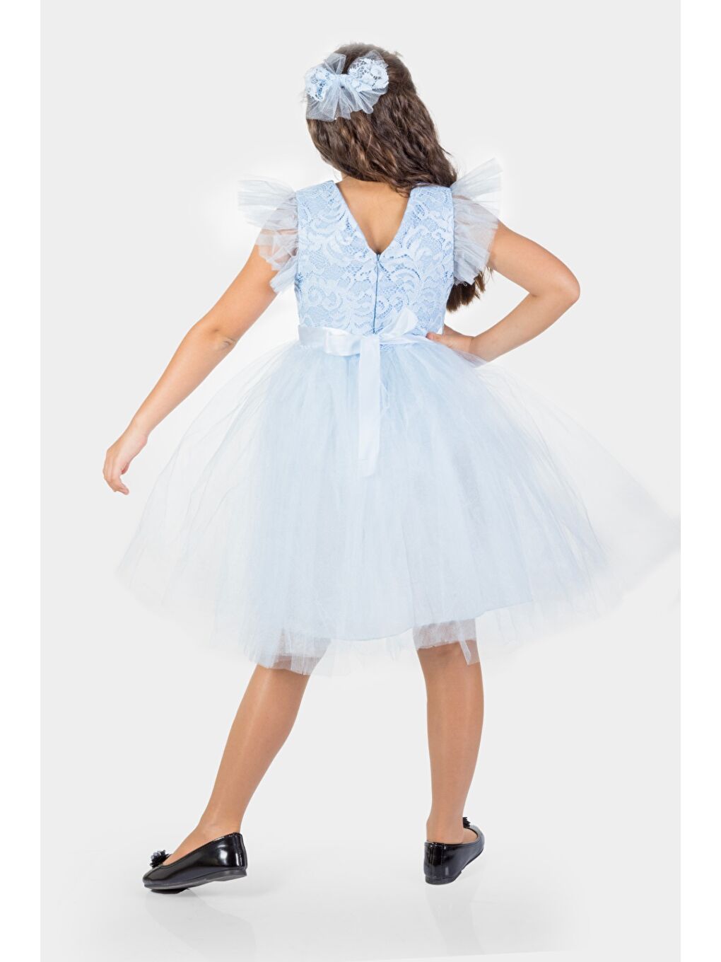 Mavi Roza Dantel Tütü Kız Çocuk Abiye Elbise MNK0546-1