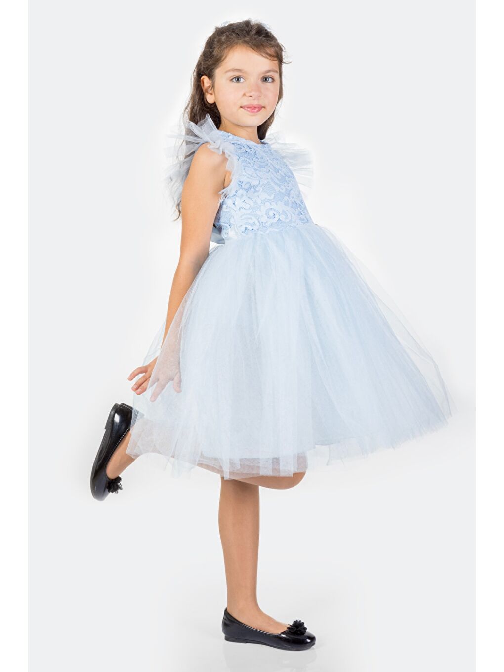 Mavi Roza Dantel Tütü Kız Çocuk Abiye Elbise MNK0546-2