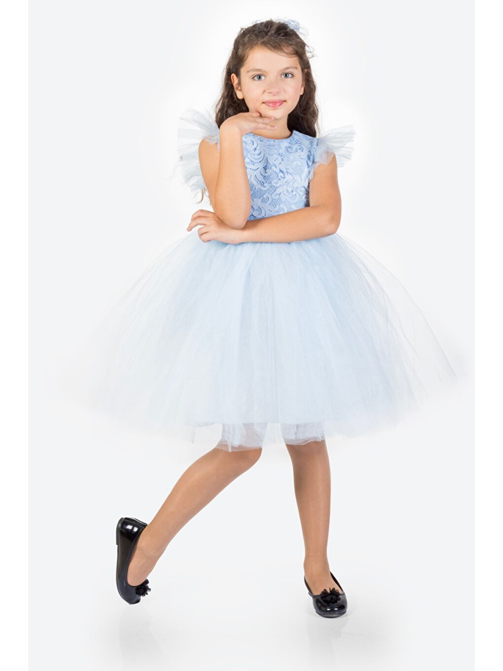 Mavi Roza Dantel Tütü Kız Çocuk Abiye Elbise MNK0546-3