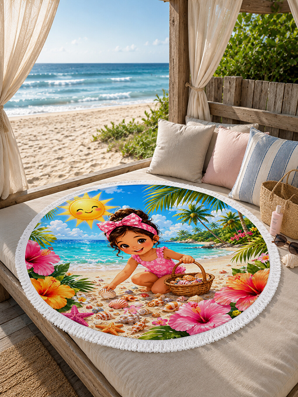 Pembe Tropik Çiçekler 150 Cm Yuvarlak Çocuk Plaj Havlusu Tropikal Çiçek Desenli Kız Çocuk Havlusu-1