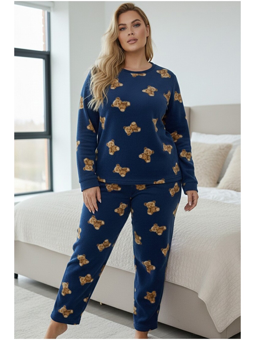 Mavi Büyük Beden Polar Kışlık Örme Pijama Takım 25222586-1