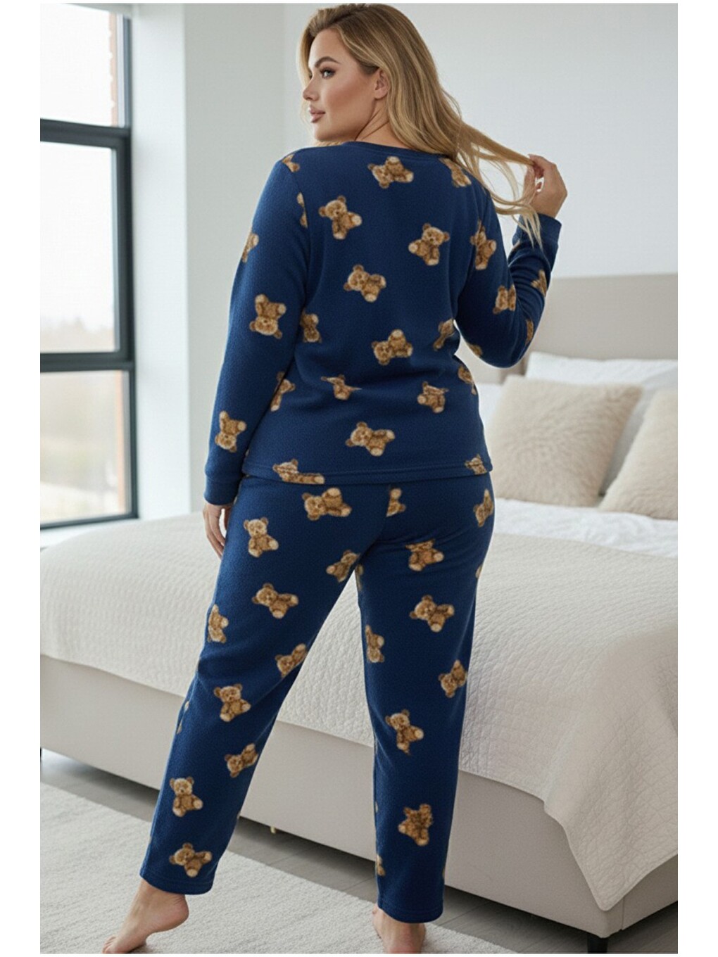 Mavi Büyük Beden Polar Kışlık Örme Pijama Takım 25222586-2