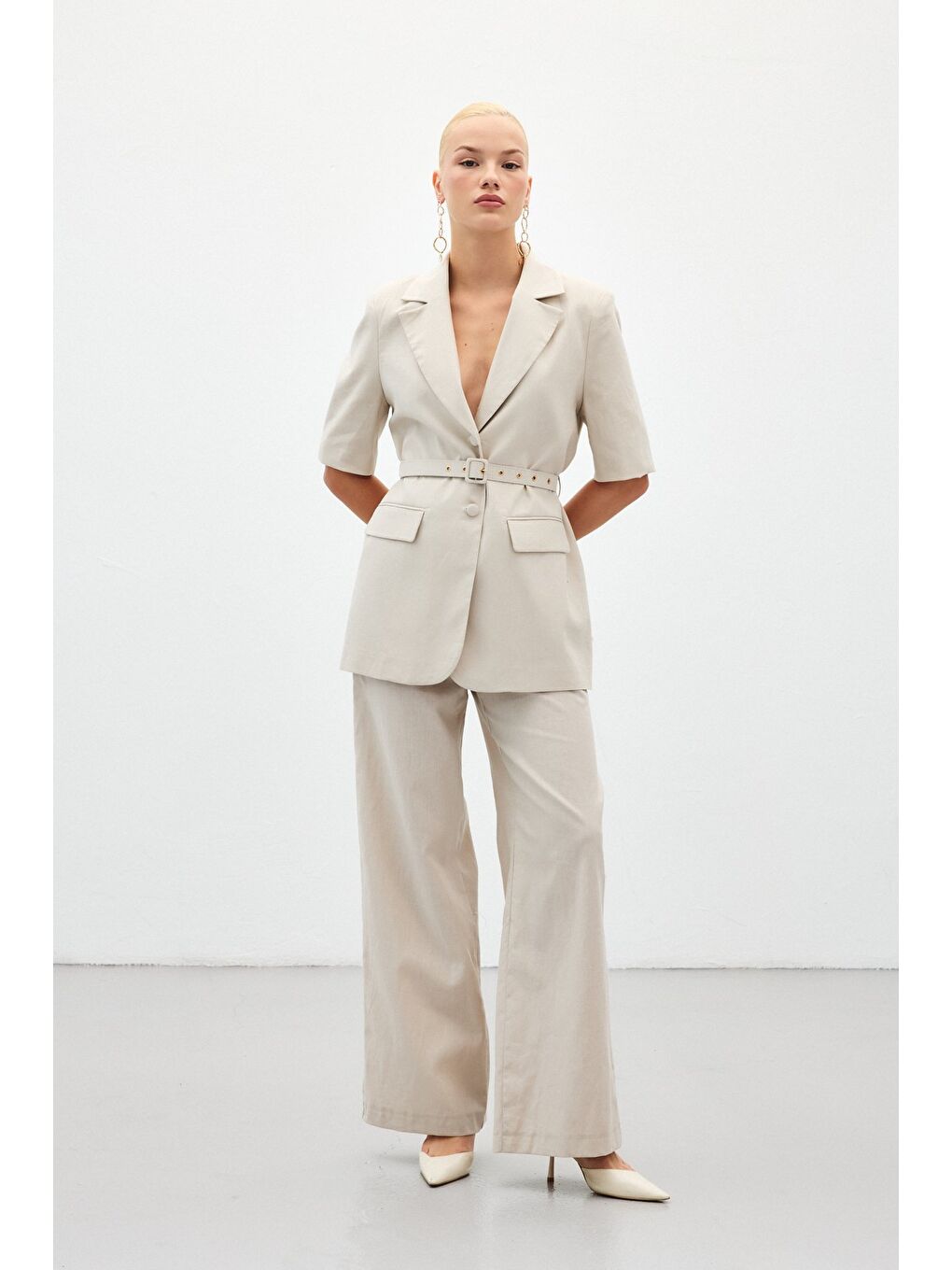 Bej Bol Paça Keten Pantolon - Taş-1