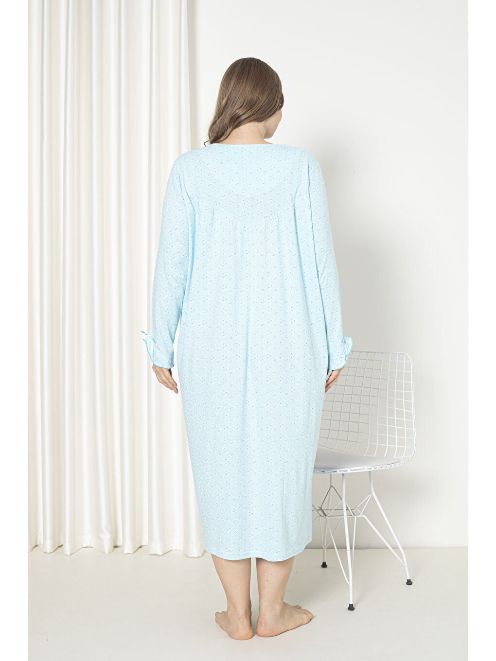 Yeşil %100 Pamuklu Mevsimlik Uzun Kol Penye Büyük Beden Anne Gecelik 180-4