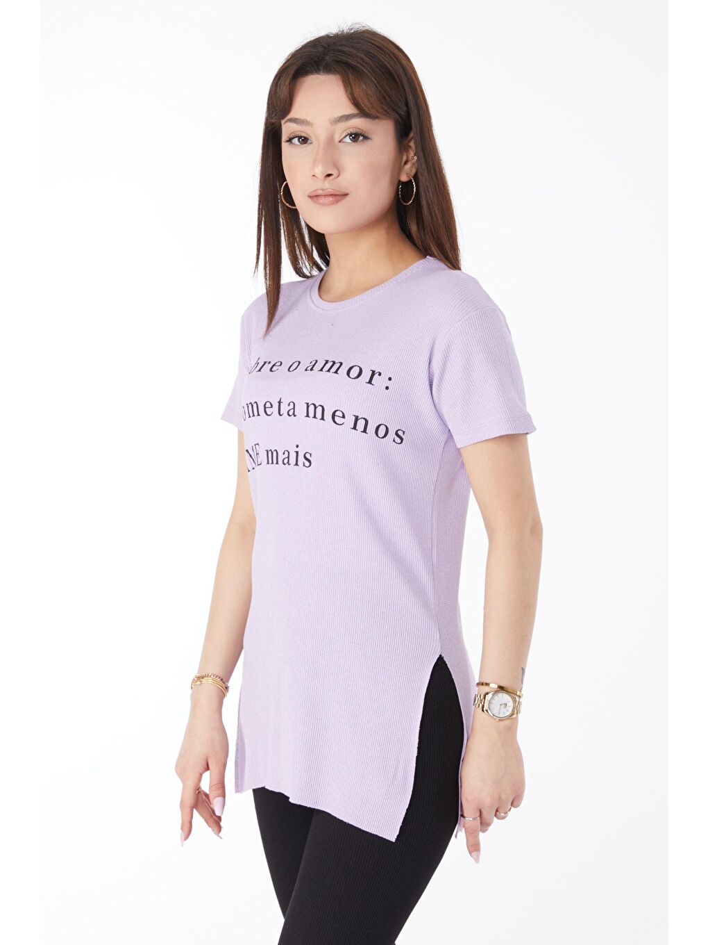 TOFİSA Lila Düz Bisiklet Yaka Kadın Lila Baskılı Yırtmaçlı T-shirt - 24792 - 3