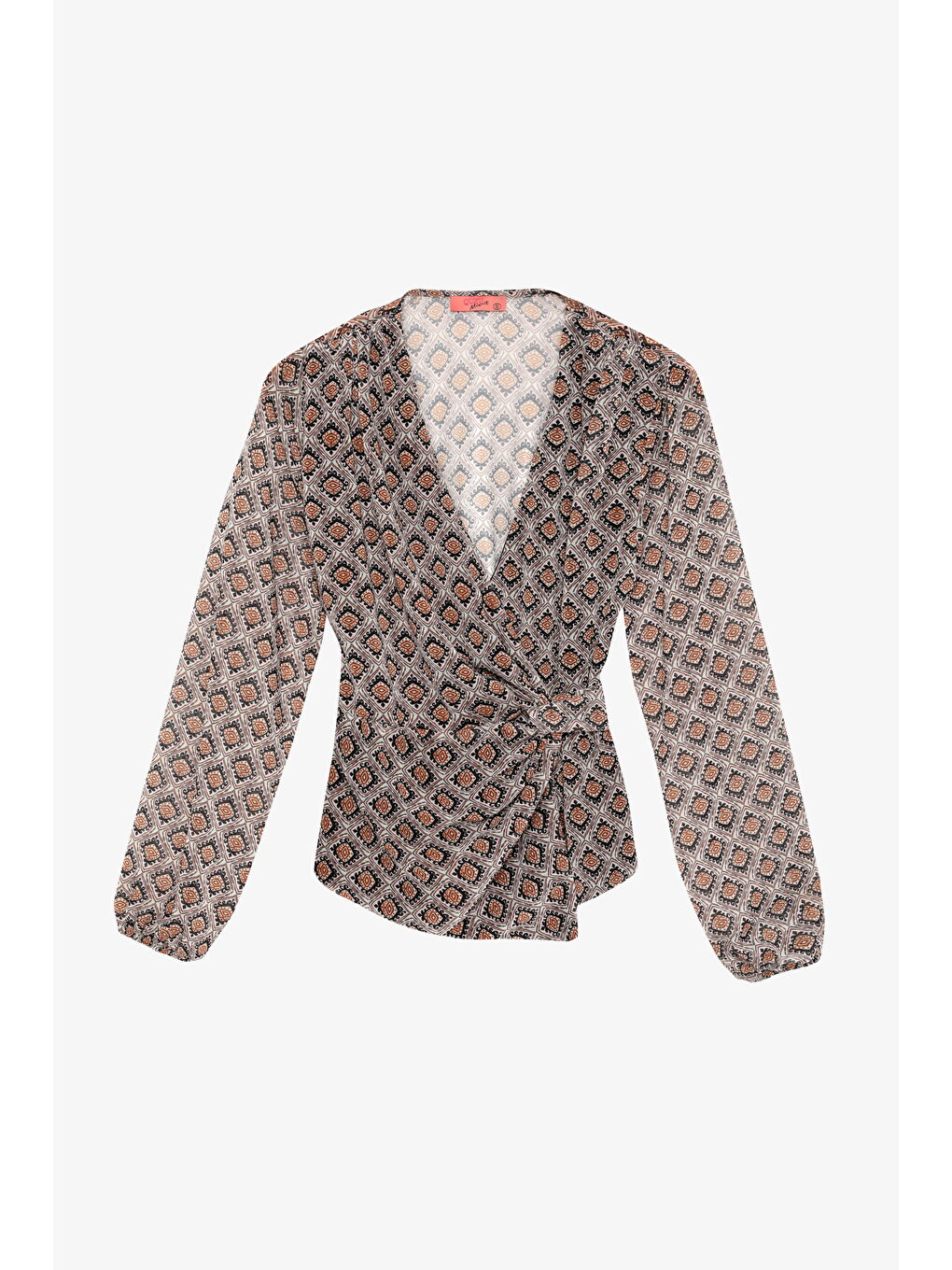 Retro Geometrik Desenli Kruvaze Bağlamalı Bluz Kahverengi-1