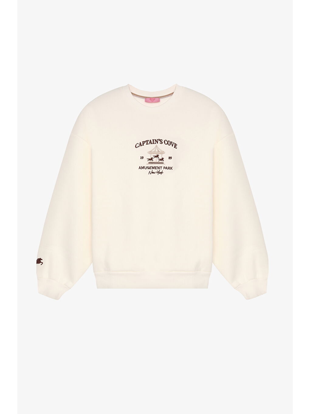 Atlı Karınca Figürlü Yazı Nakışlı Oversize Sweatshirt Ekru