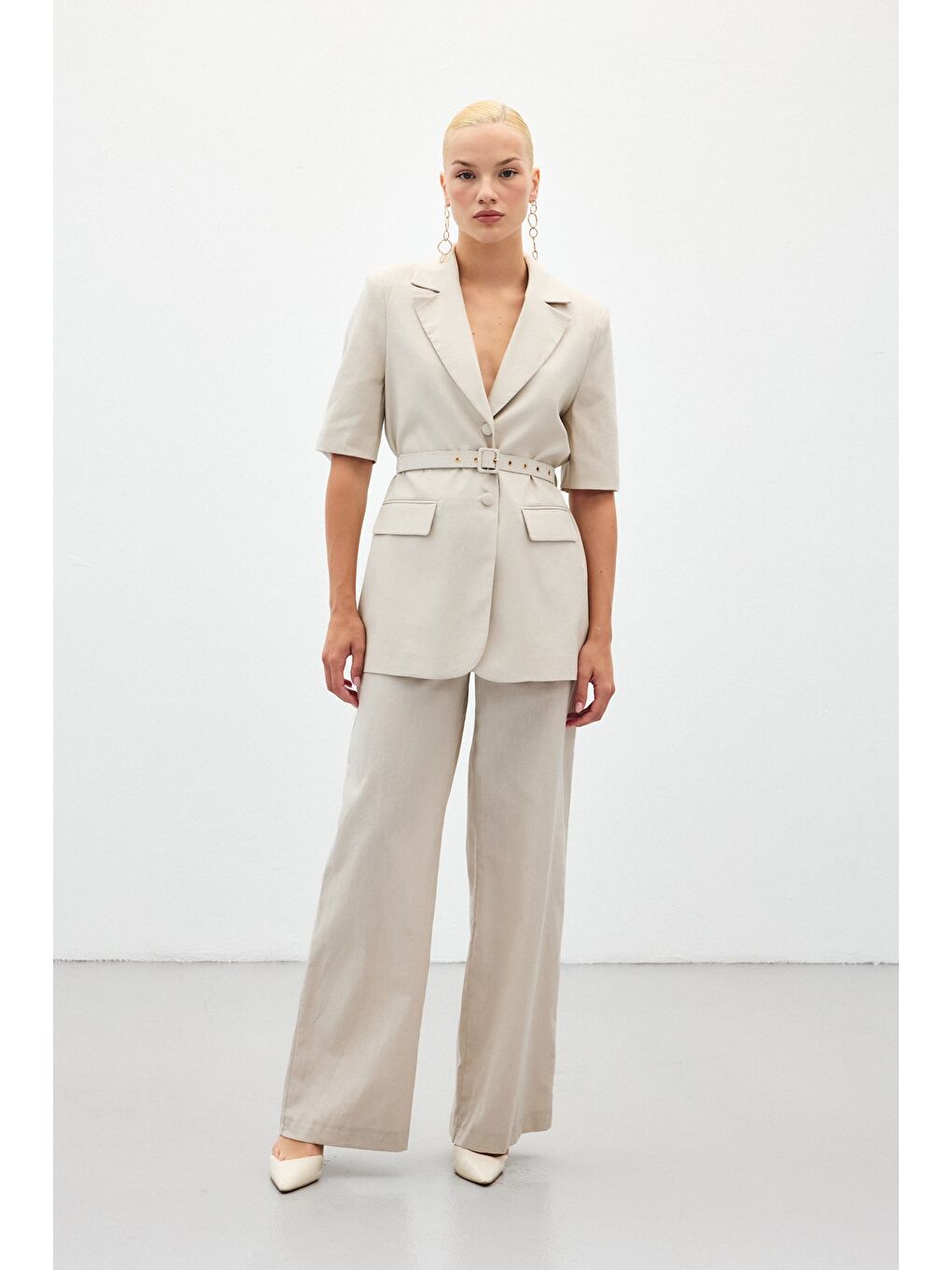 Bej Bol Paça Keten Pantolon - Taş-2