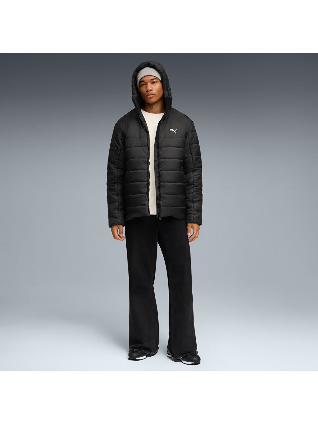 Siyah ESSENTIALS Erkek Kapüşonlu Mont-3