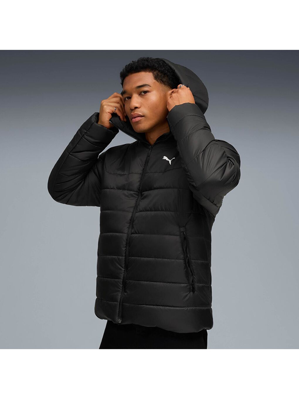 Siyah ESSENTIALS Erkek Kapüşonlu Mont-6