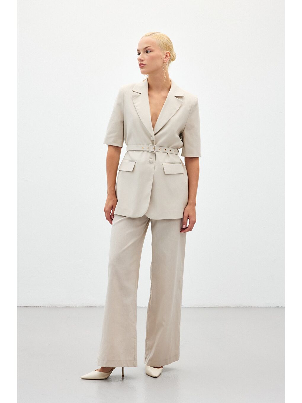 Bej Bol Paça Keten Pantolon - Taş-3