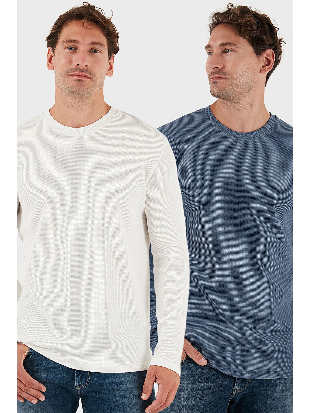 Ekru Pamuklu Bisiklet Yaka Slim Fit Basic 2'li Paket Sweat 5905073S2