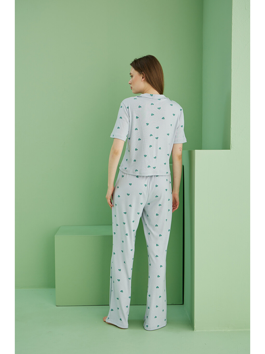 Mavi Kalp Baskılı Fitilli Kaşkorse Örme Düğmeli Gömlek Yaka Pijama Takım-3