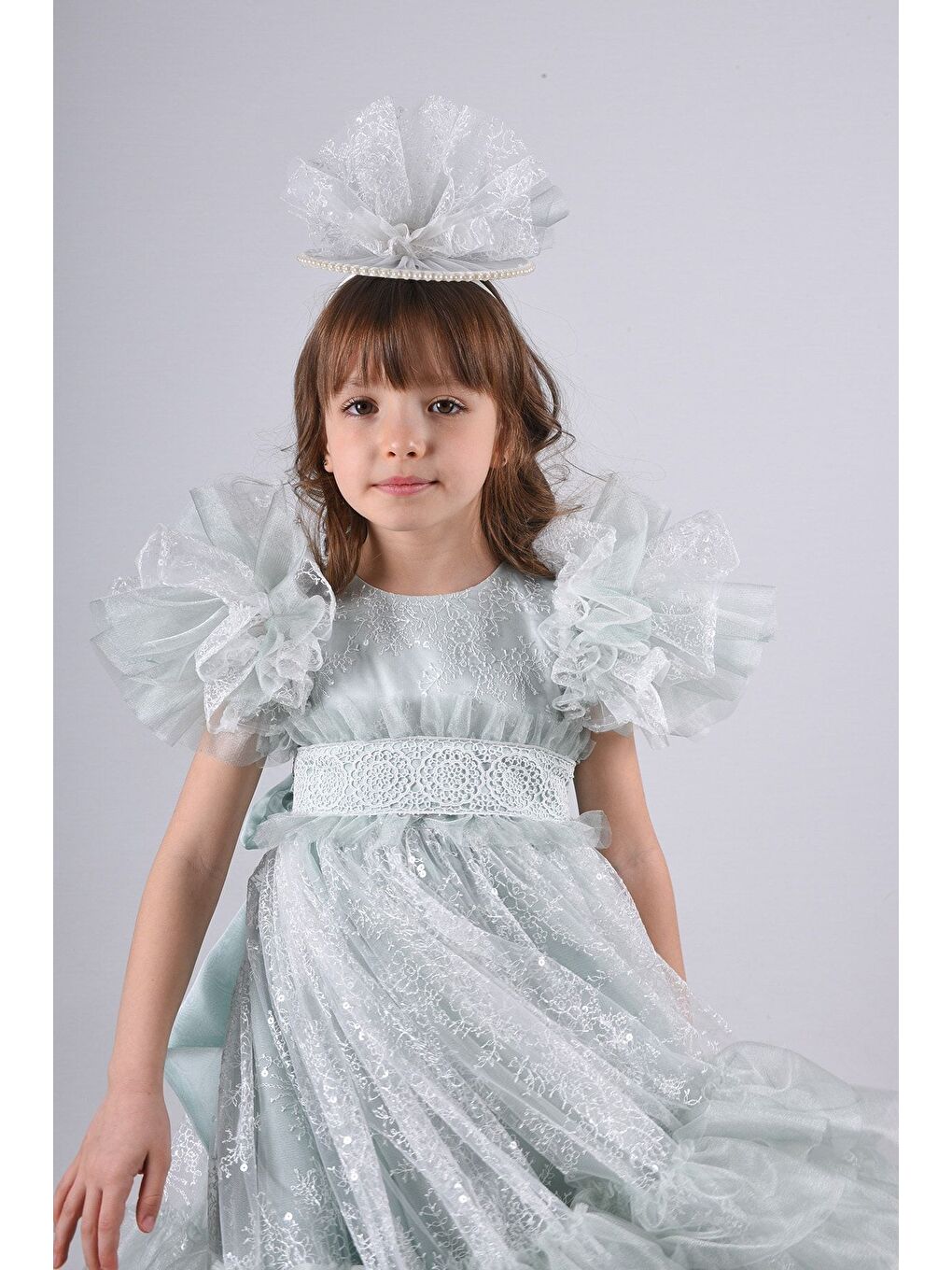 Yeşil Taç Aksesuarlı Kız Çocuk Elbise-1