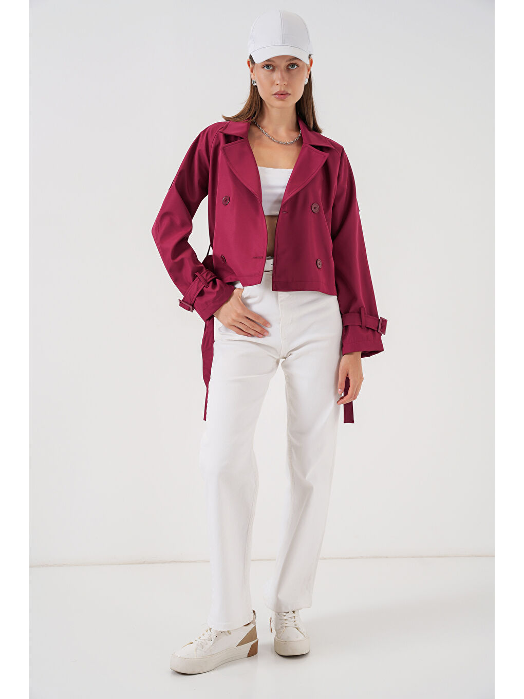 Kadın Kemerli Kısa Trençkot 5970 - Bordo-1