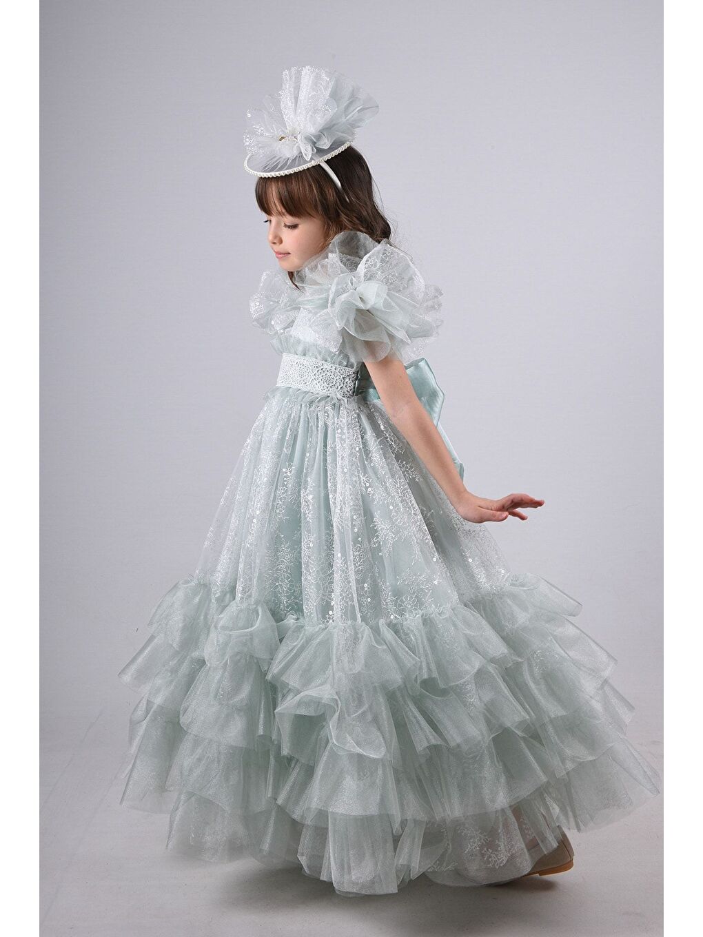 Yeşil Taç Aksesuarlı Kız Çocuk Elbise-2