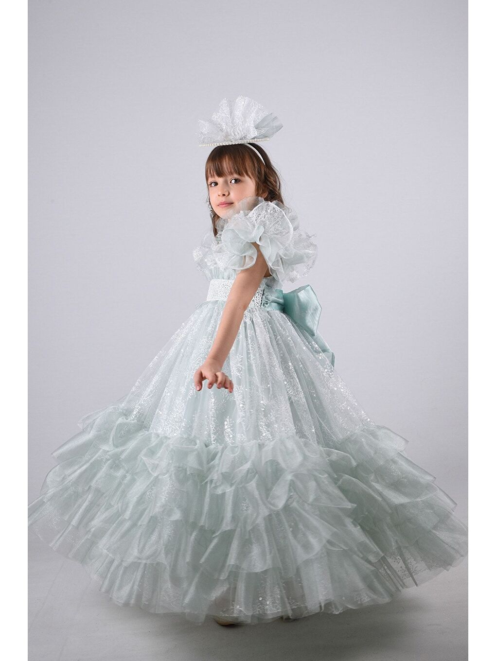 Yeşil Taç Aksesuarlı Kız Çocuk Elbise-3