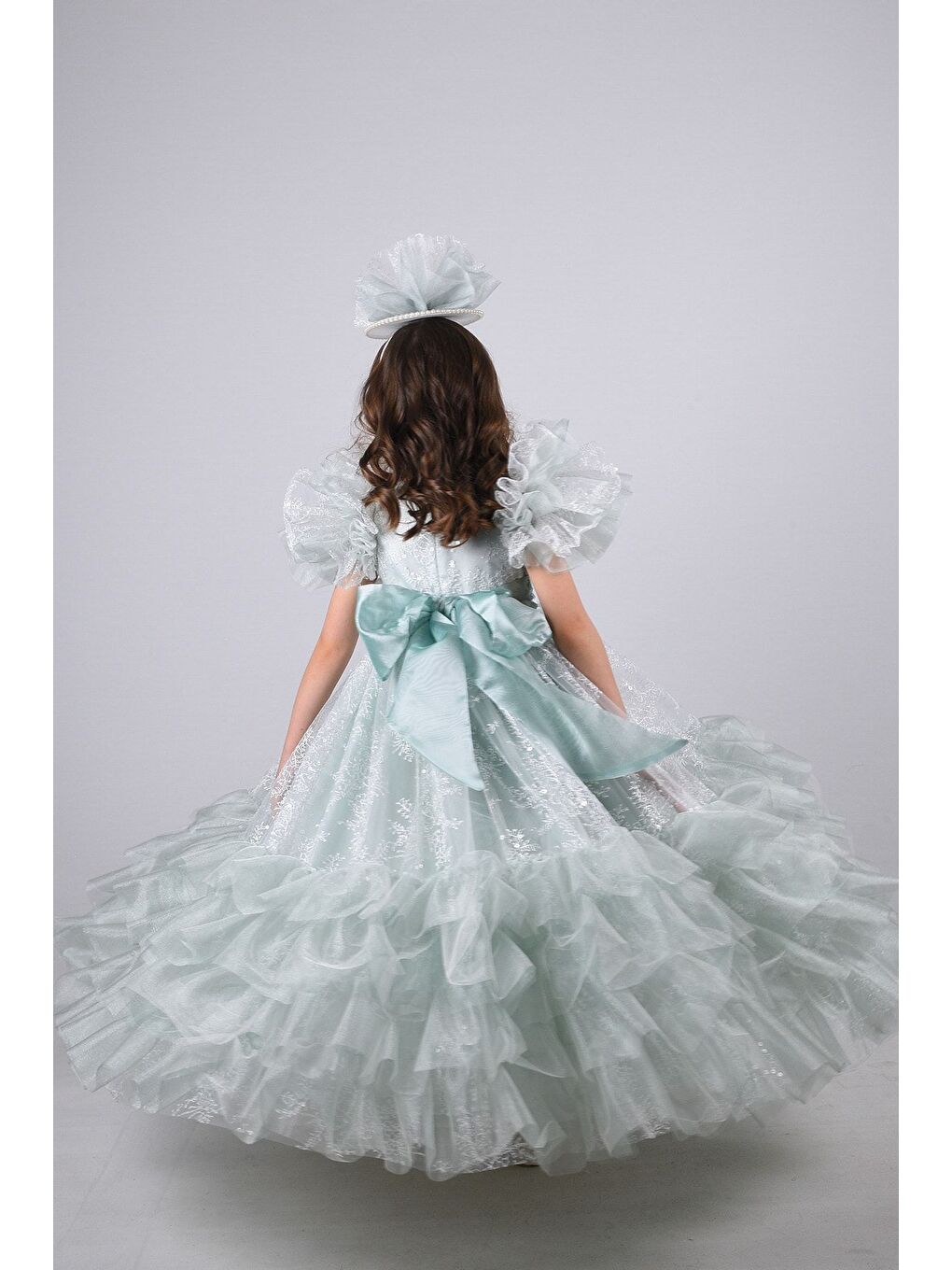 Yeşil Taç Aksesuarlı Kız Çocuk Elbise-4