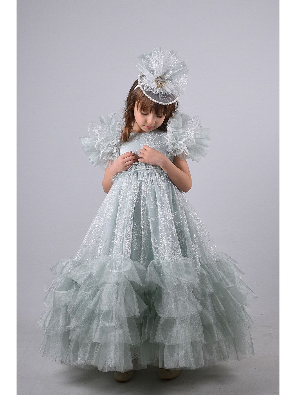 Yeşil Taç Aksesuarlı Kız Çocuk Elbise-5