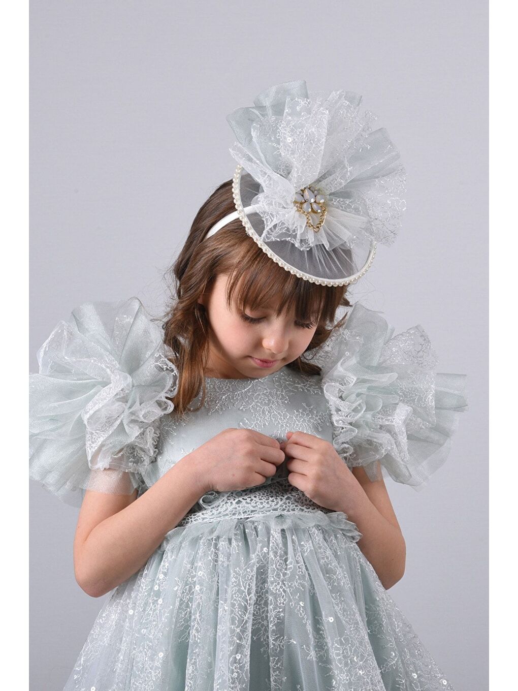 Yeşil Taç Aksesuarlı Kız Çocuk Elbise-6