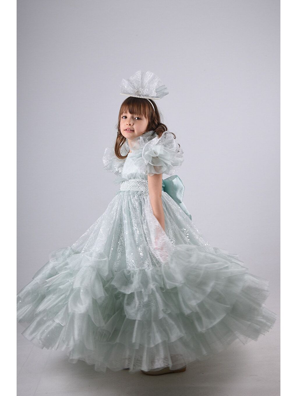 Yeşil Taç Aksesuarlı Kız Çocuk Elbise-7