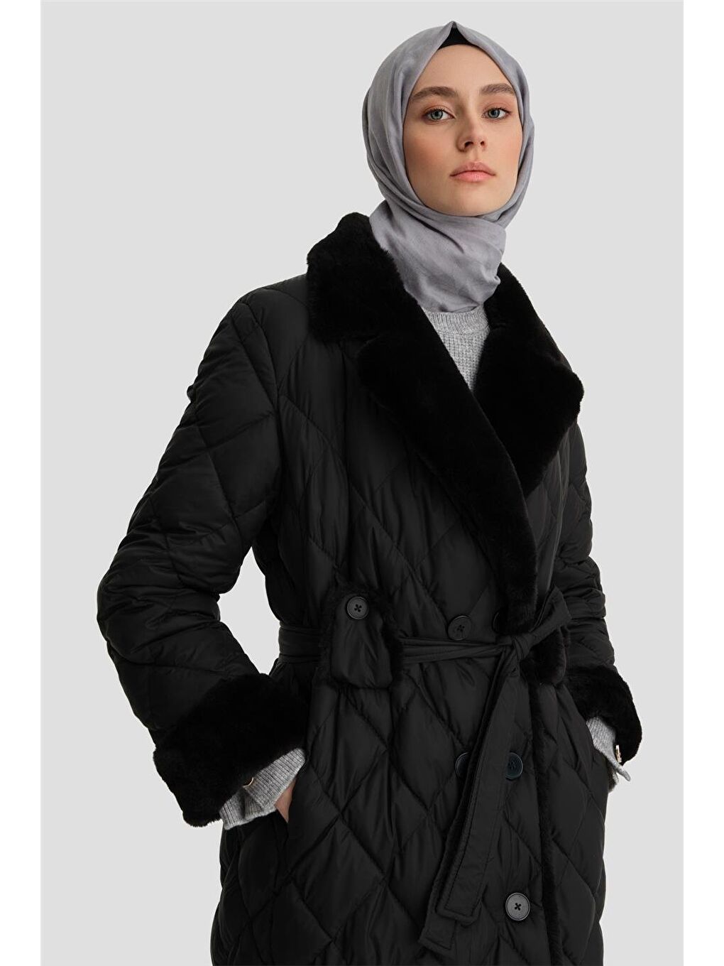 Kürk Mixli Kapitone Mont 24Kd6402 Siyah