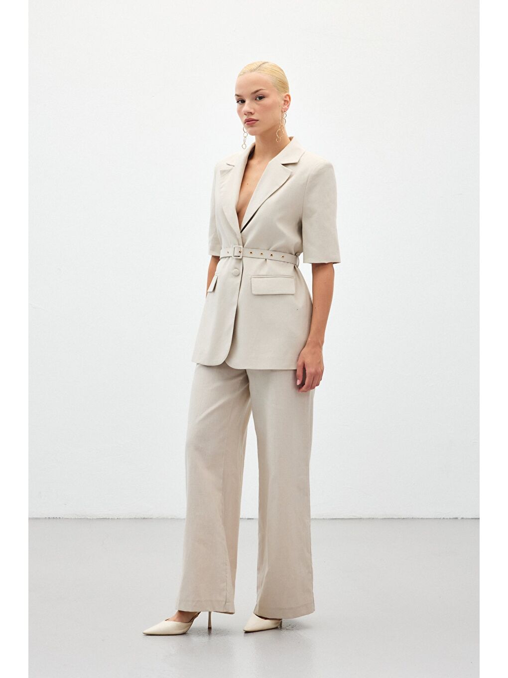 Bej Bol Paça Keten Pantolon - Taş-5