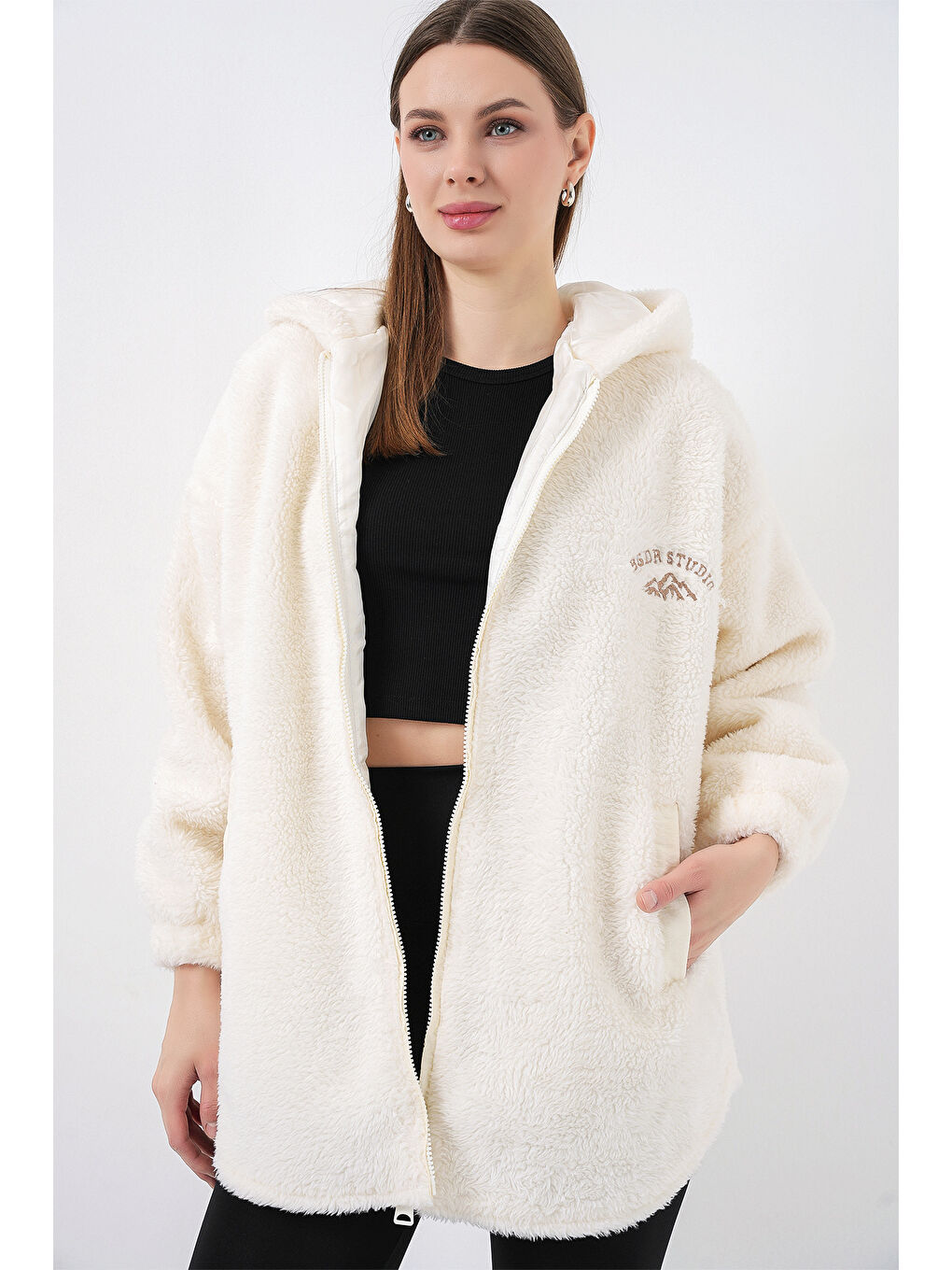 Kadın Oversize Kapüşonlu Pelüş Kaban 5207 - Ekru