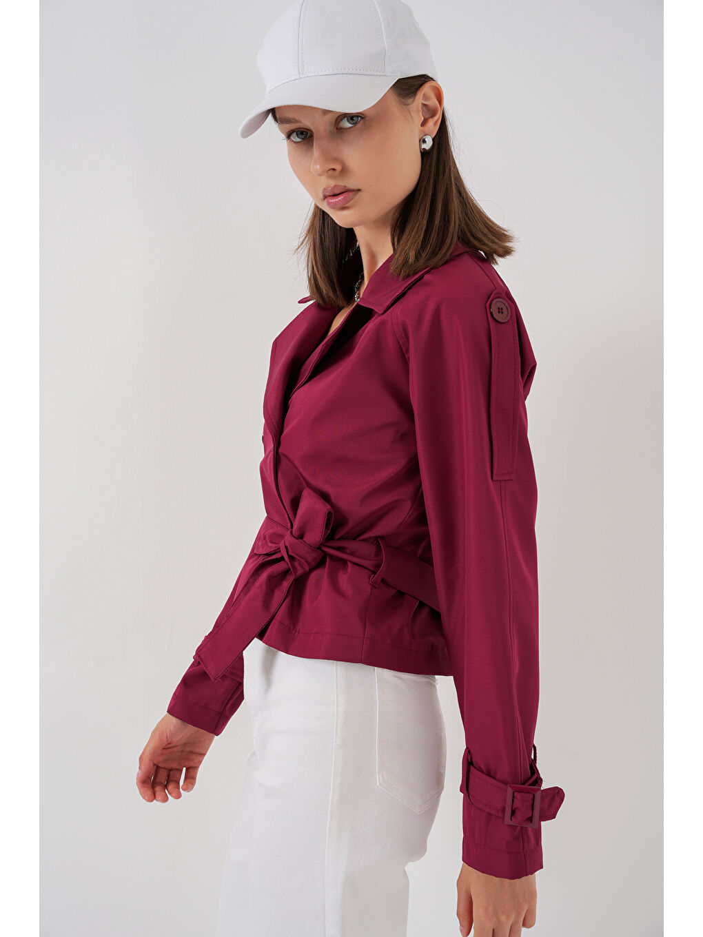 Kadın Kemerli Kısa Trençkot 5970 - Bordo-2