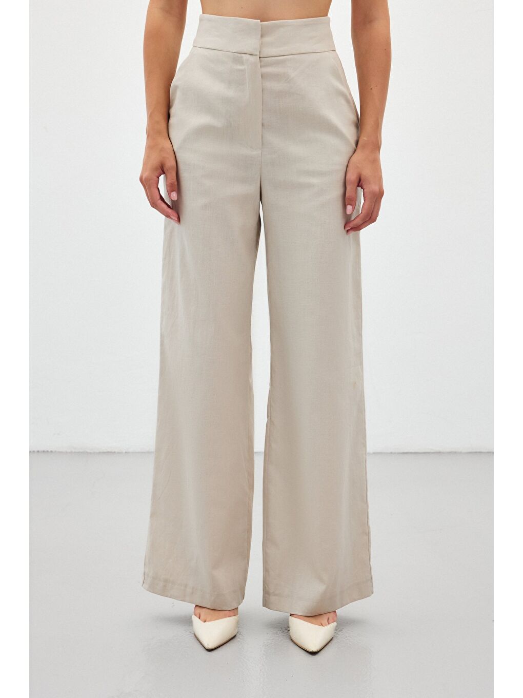 Bej Bol Paça Keten Pantolon - Taş-6