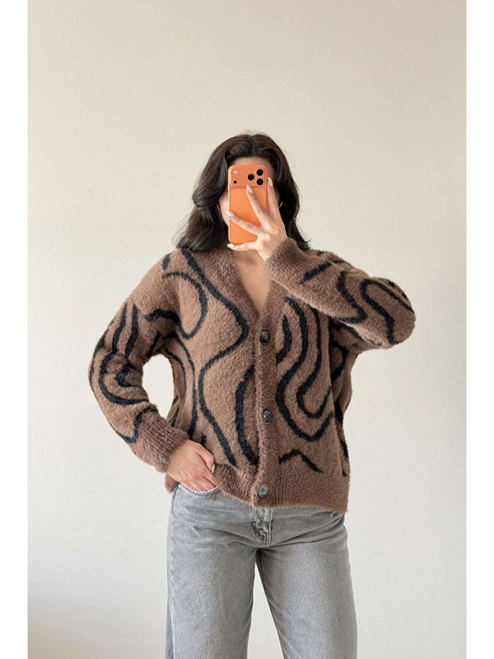 Kahverengi Kadın Kahve Zebra Desen Pelüş Hırka 1014-2520-2