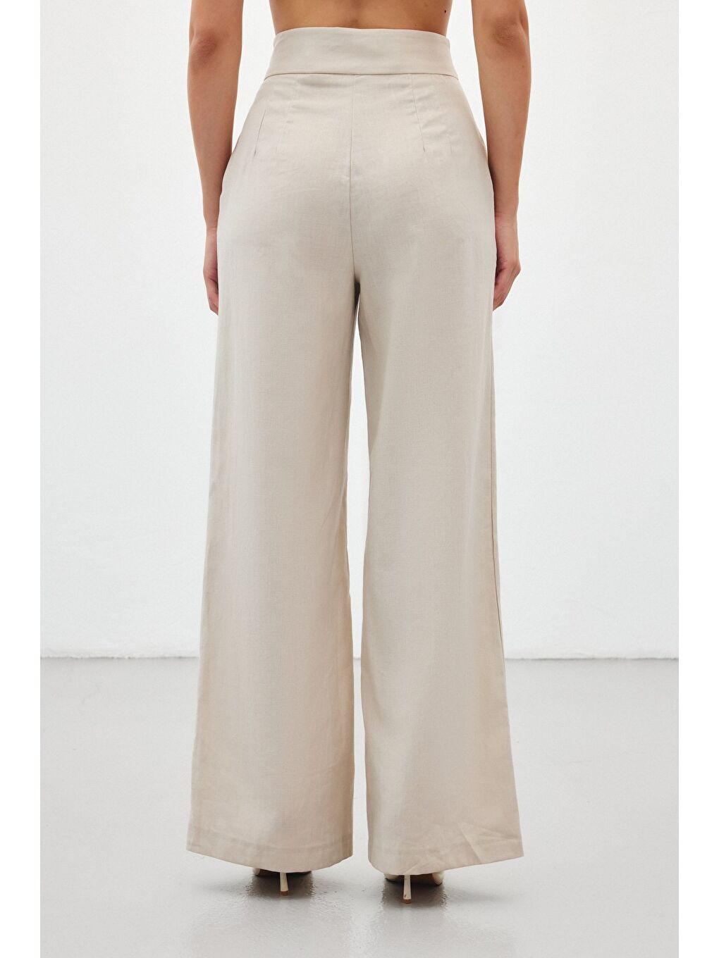 Bej Bol Paça Keten Pantolon - Taş-7