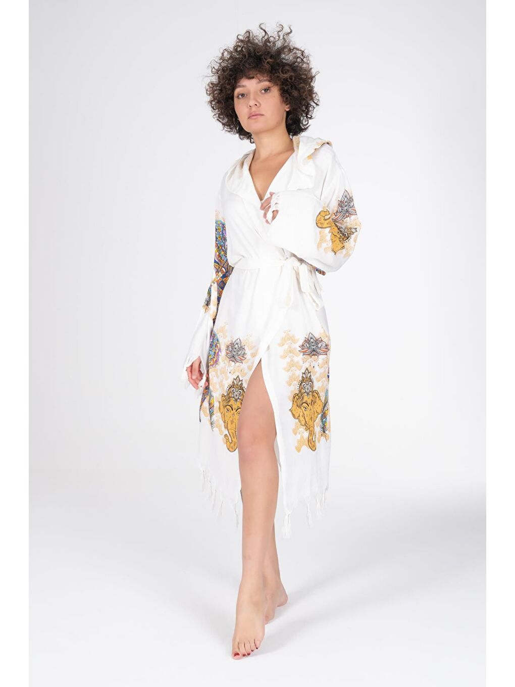 Kahverengi Baskılı Bambu Peştemal Sabahlık Bornoz INDIA/L-1