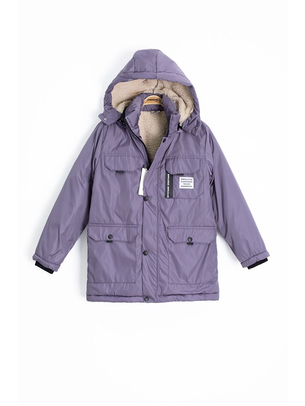 Gri Füme Yazı Detaylı Göğüs Cepli İçi Kürklü Erkek Çocuk Kapüşonlu Mont 21536