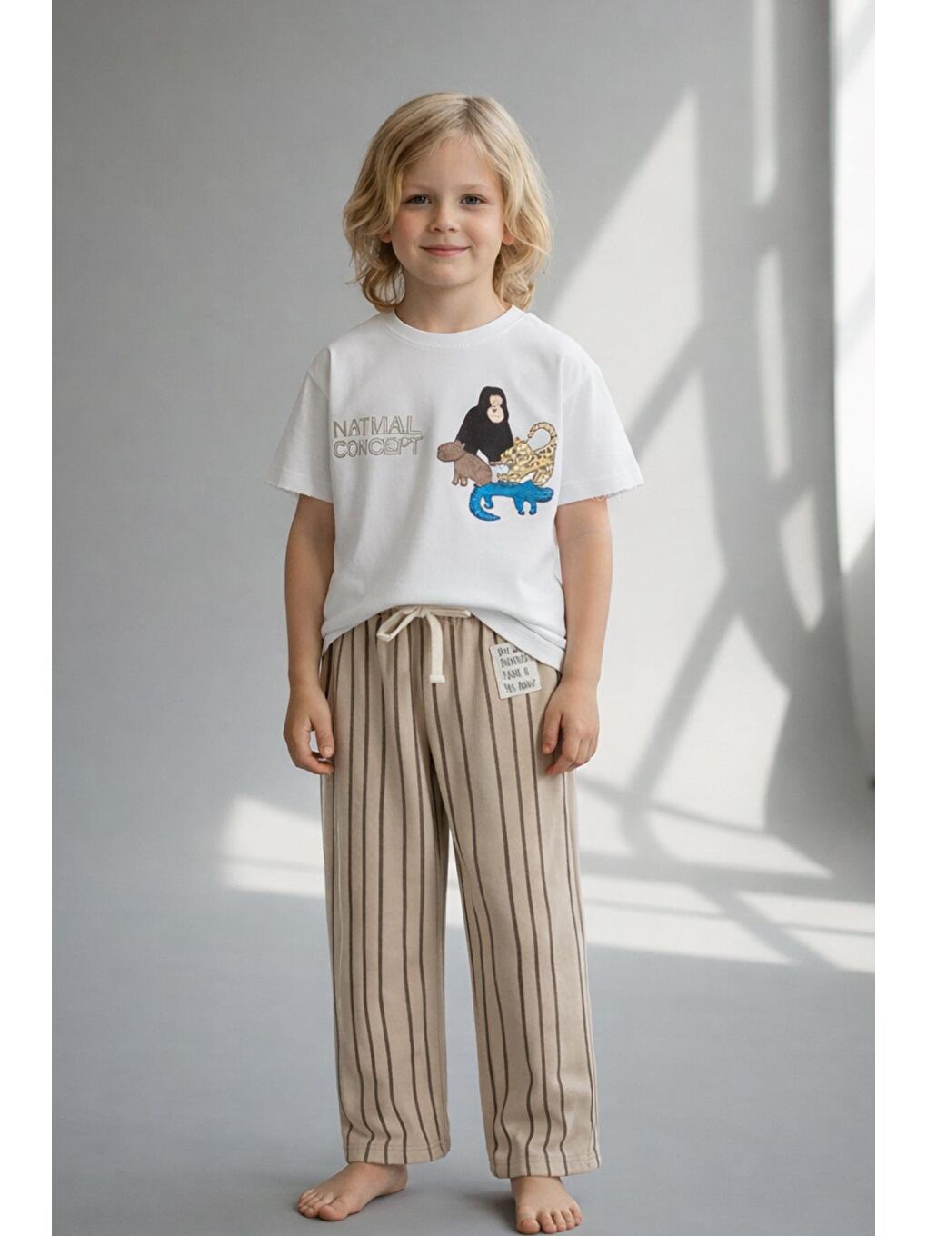 Erkek Çocuk Ekru Hayvan Baskılı Pamuklu Altüst Takım