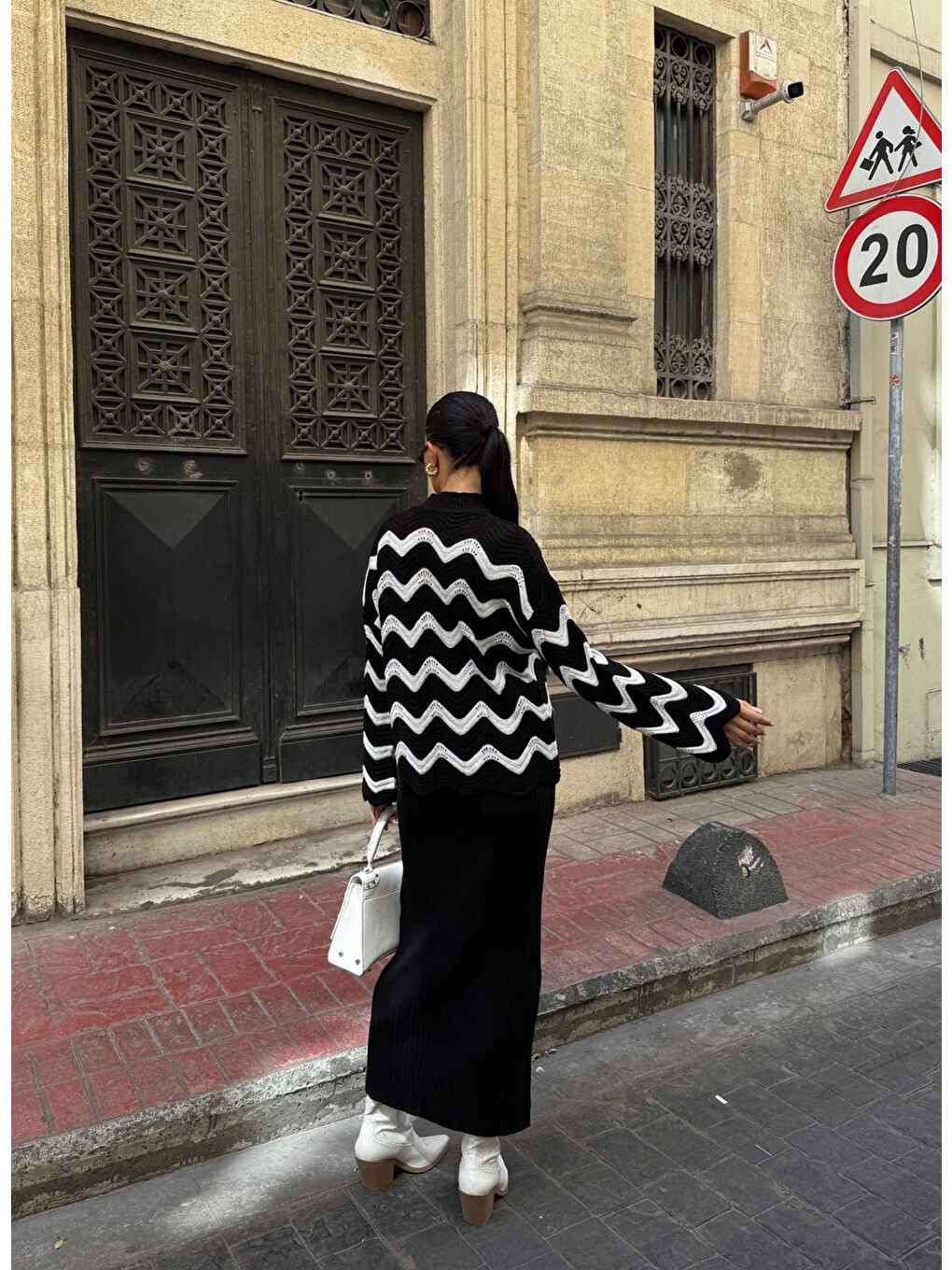 Zigzak Desenli Kazak Ve Elbise Triko Takım Siyah-3