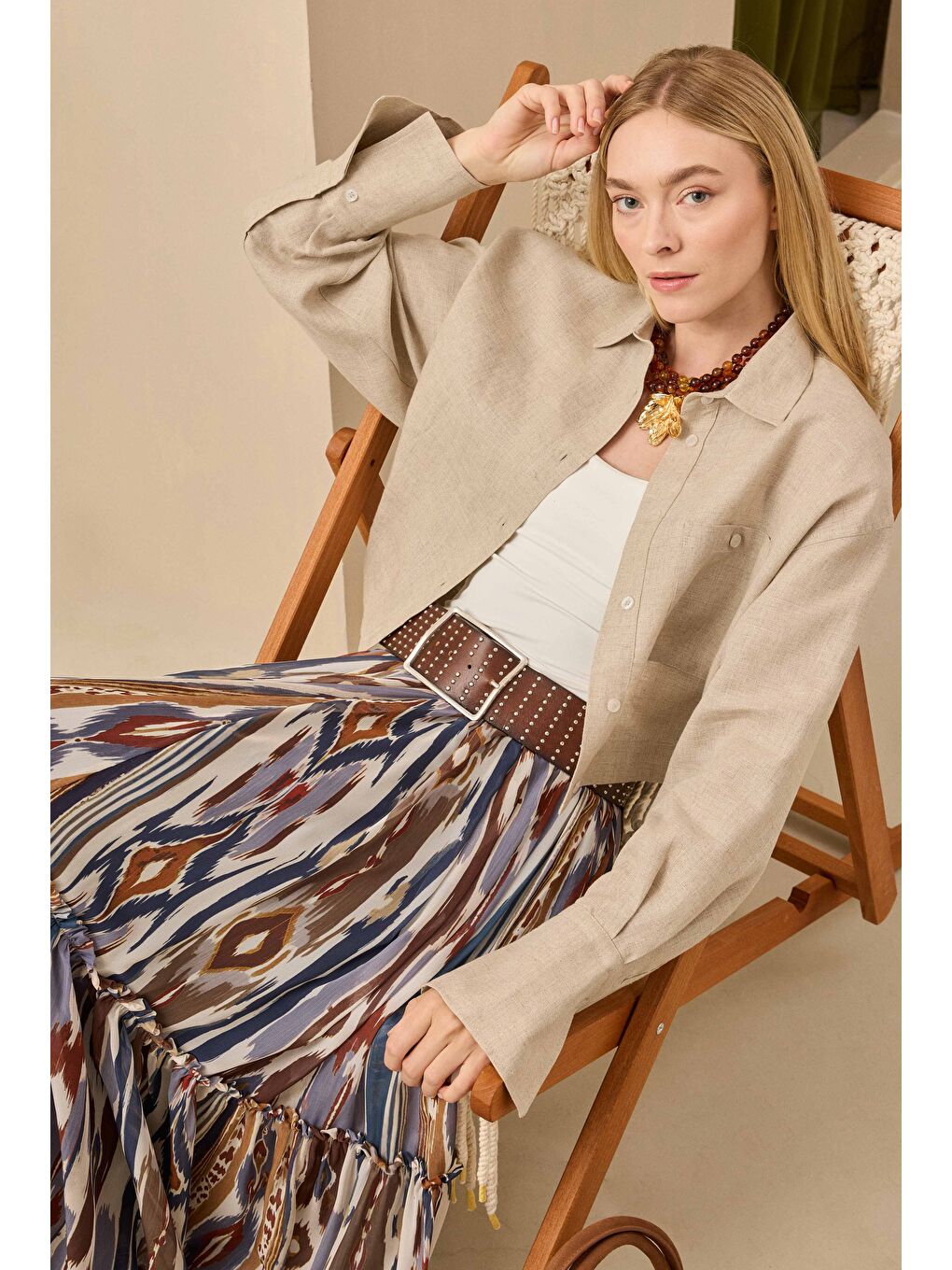 Bej Keten Crop Gömlek Sedef-1