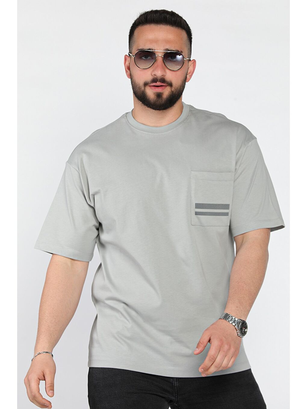 Gri Erkek Cepli Bisiklet Yaka Tişört