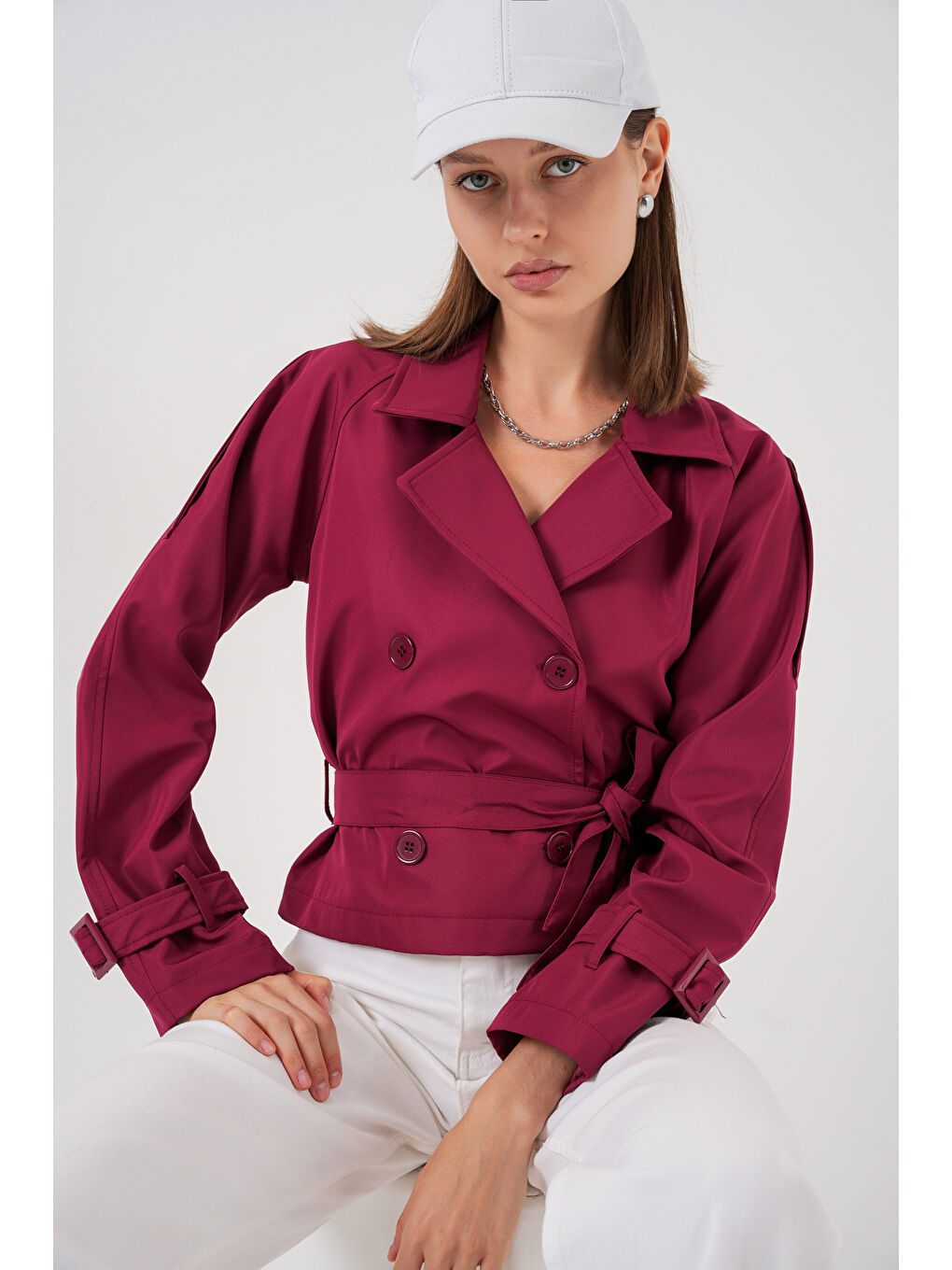 Kadın Kemerli Kısa Trençkot 5970 - Bordo-3