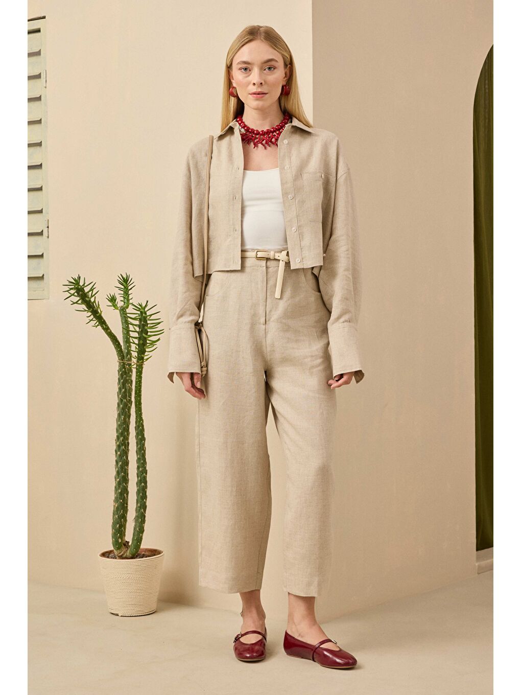 Bej Keten Crop Gömlek Sedef-2