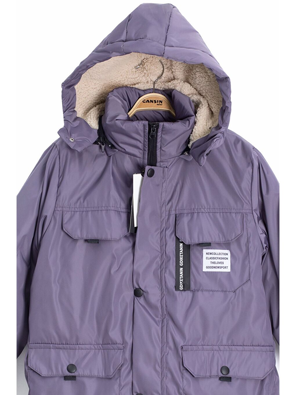 Gri Füme Yazı Detaylı Göğüs Cepli İçi Kürklü Erkek Çocuk Kapüşonlu Mont 21536-2