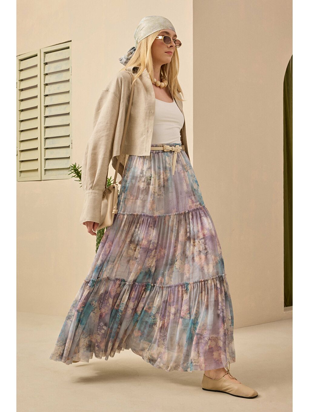 Bej Keten Crop Gömlek Sedef-4