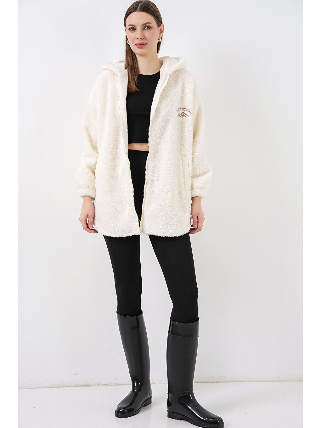 Kadın Oversize Kapüşonlu Pelüş Kaban 5207 - Ekru-1