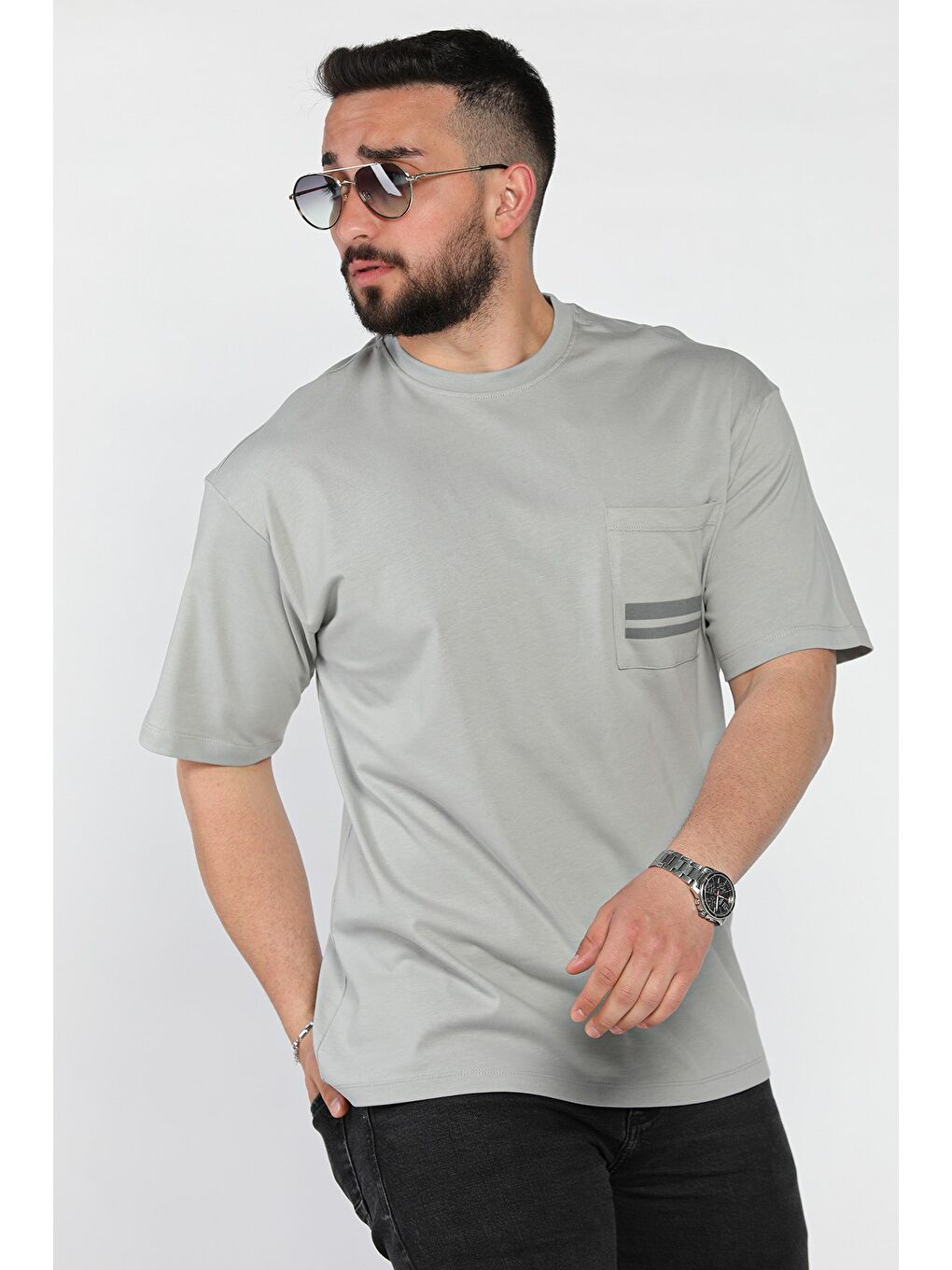 Gri Erkek Cepli Bisiklet Yaka Tişört-1