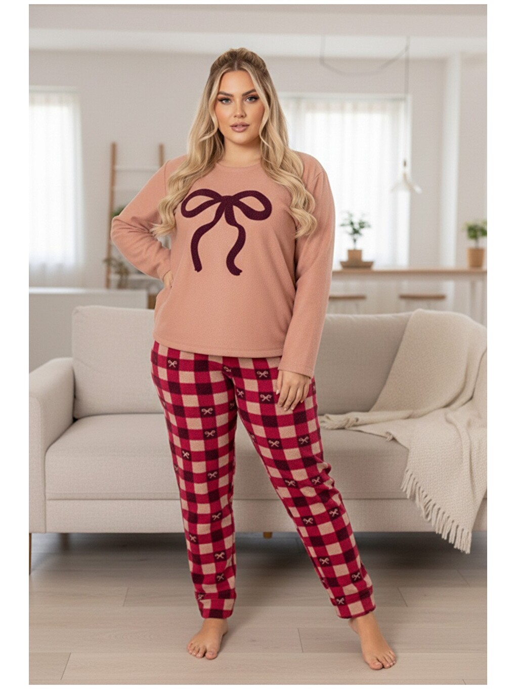 Pembe Nakışlı Desenli Büyük Beden Polar Kışlık Örme Pijama Takım 25227252-1