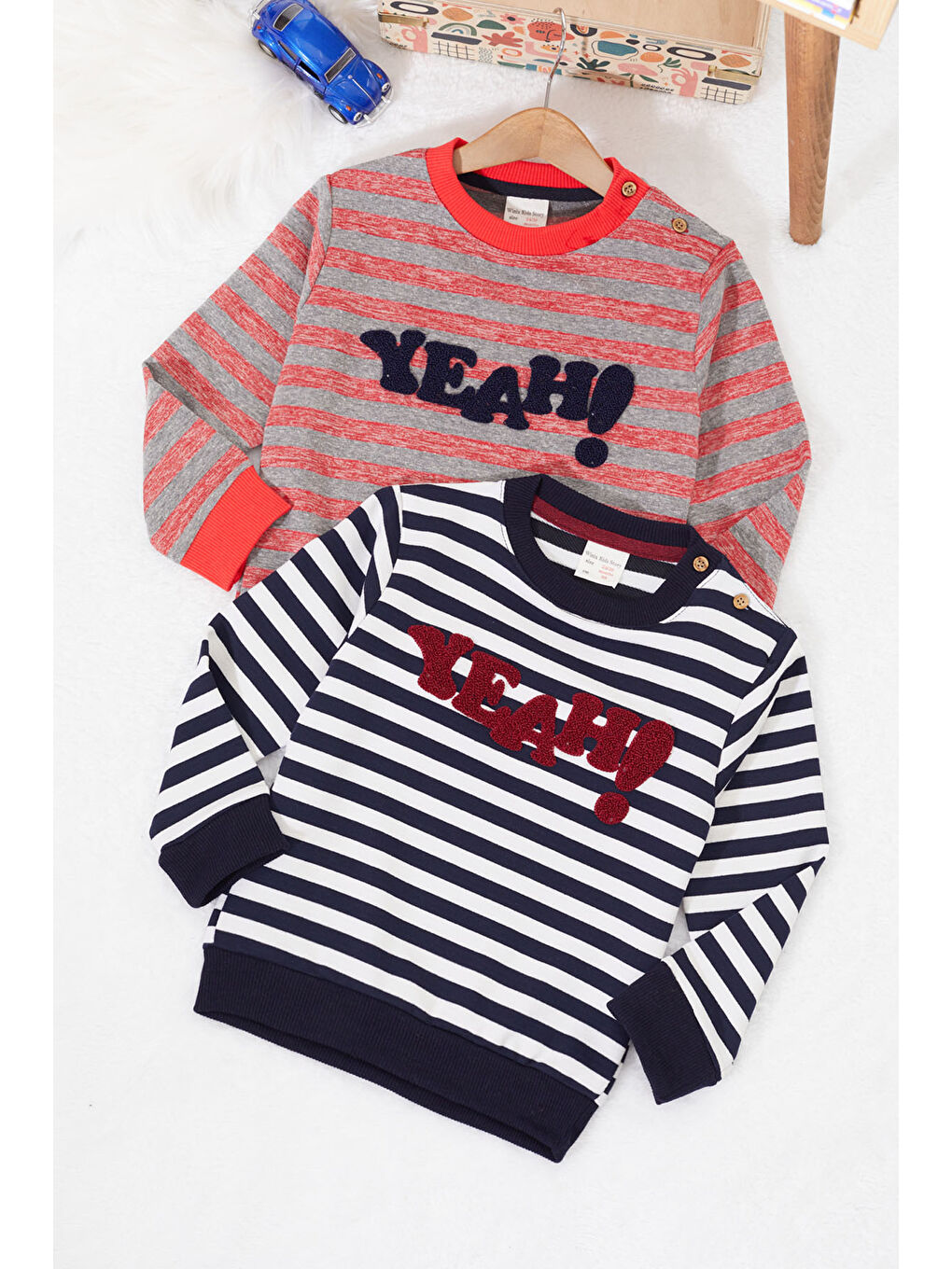 Cansın Mini Erkek Bebek Yazı Nakışlı Çizgili 2li Sweatshirt Lacivert-Kırmızı 17333 - 1