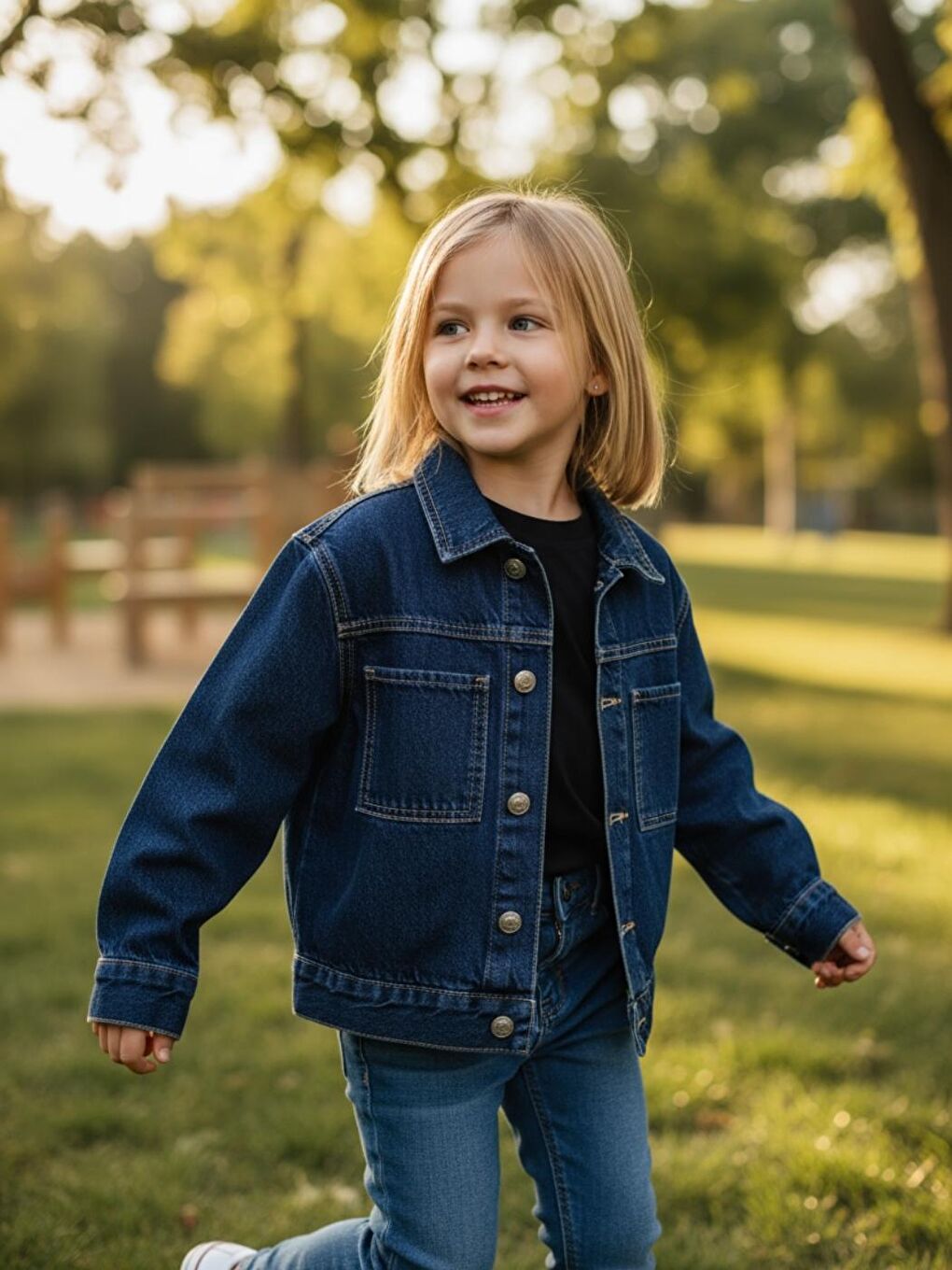 Mavi Unisex Çocuk Pamuklu Uzun Kollu Cep Detayli Denim Ceket