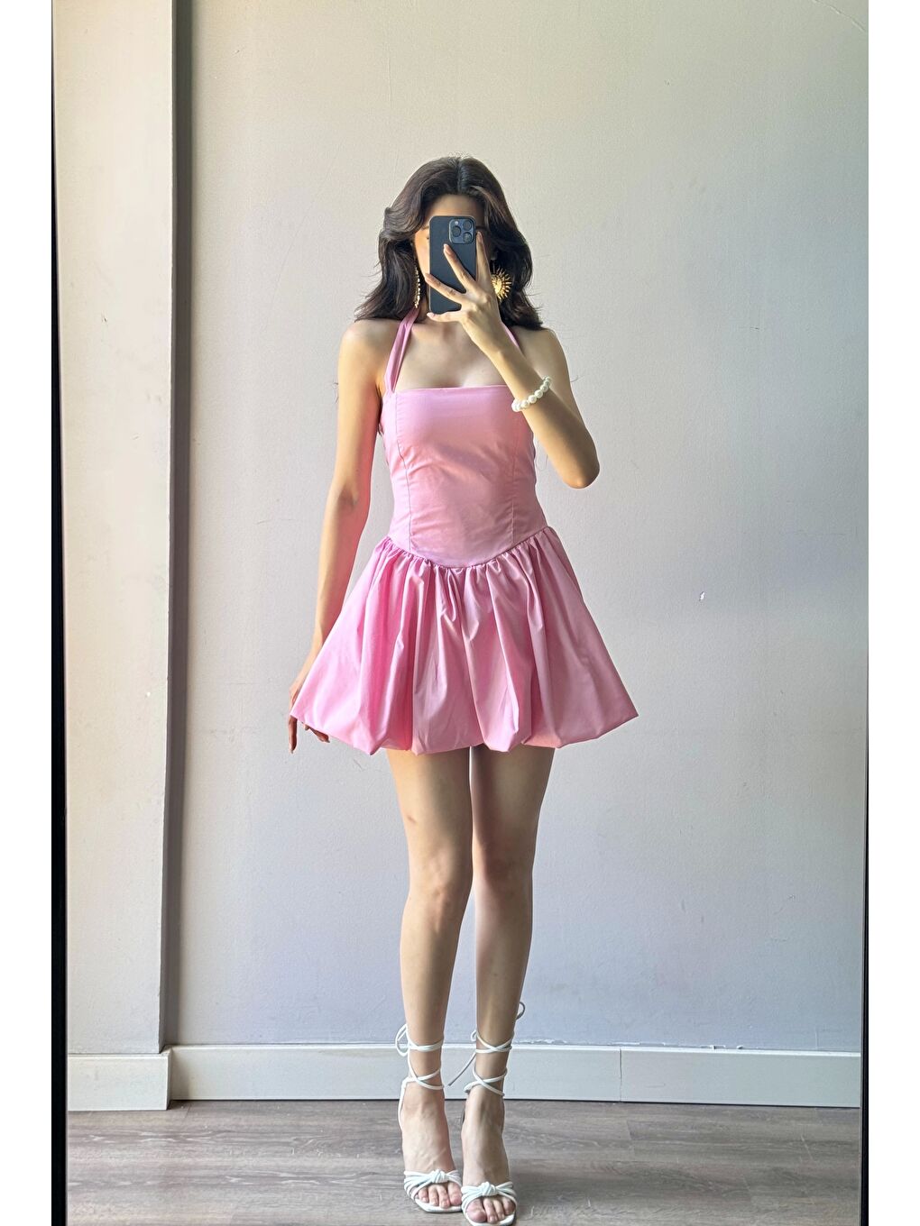 Kadın Pembe Bağlamalı Sırt Gipeli Balon Elbise 1026-221709-1