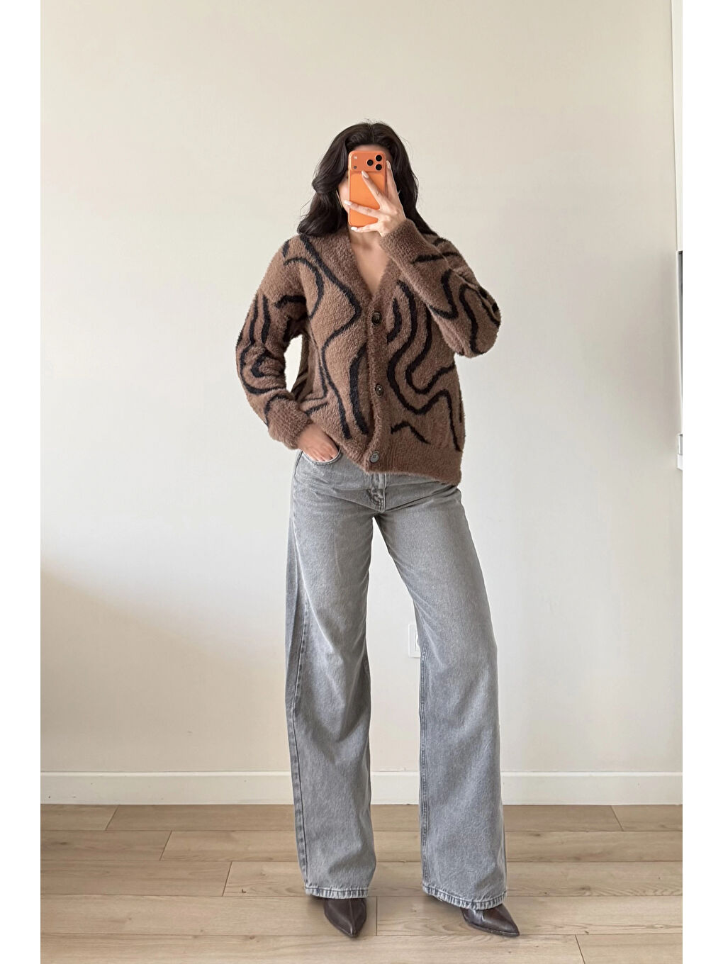 Kahverengi Kadın Kahve Zebra Desen Pelüş Hırka 1014-2520-4